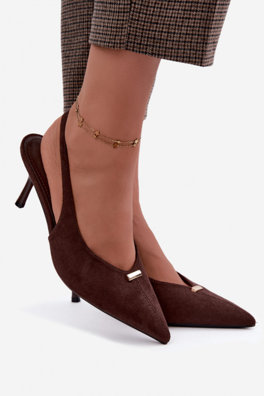 Open heel schoenen met gouden details en dunne hakken in chocoladekleur Renisa