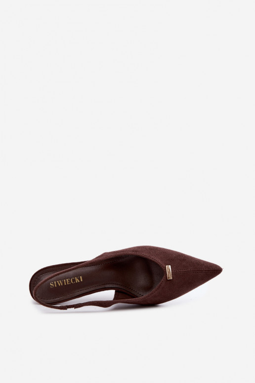 Open heel schoenen met gouden details en dunne hakken in chocoladekleur Renisa