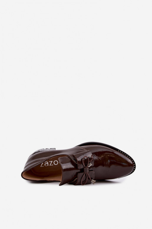Chaussures vernies à petit talon avec nœuds en couleur chocolat Zazoo 1399