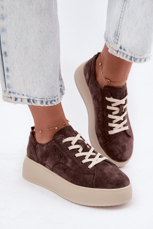 Leer van suède Sneakers model schoenen met platform Kobbo 41535 CzekoladoIne