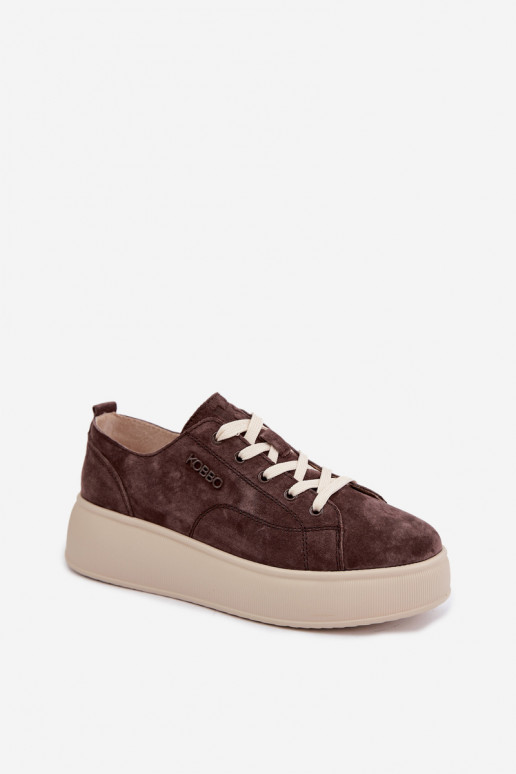 Leer van suède Sneakers model schoenen met platform Kobbo 41535 CzekoladoIne