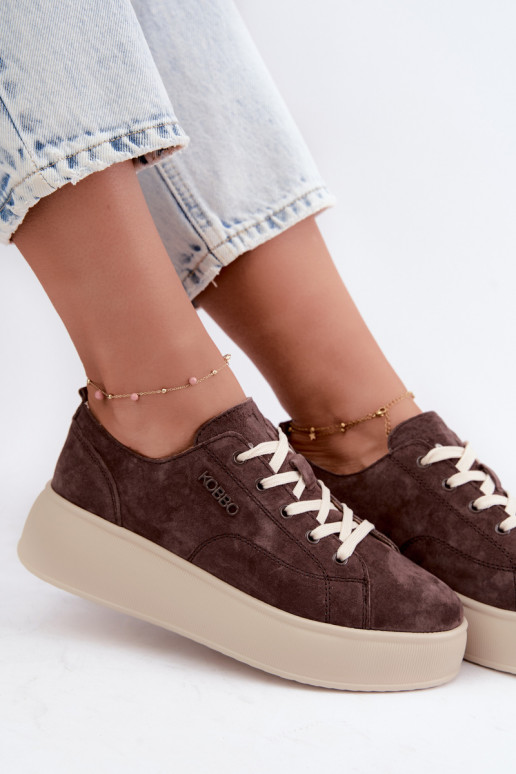 Leer van suède Sneakers model schoenen met platform Kobbo 41535 CzekoladoIne