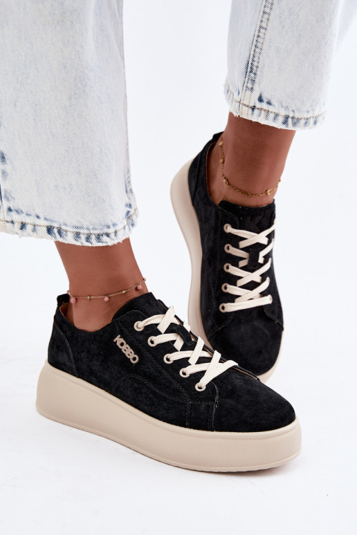 Haut aus INildleder Sneakers Stilvollllschuhe mit einer Plattform Kobbo 41535 schZuarze Farbe
