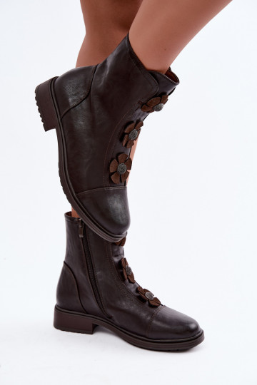 Bottes pour femmes avec des talons largesDekoracyjnymi avec des motifs florauxkami réchauffer CzekoladoÀe Pravienne Activédela