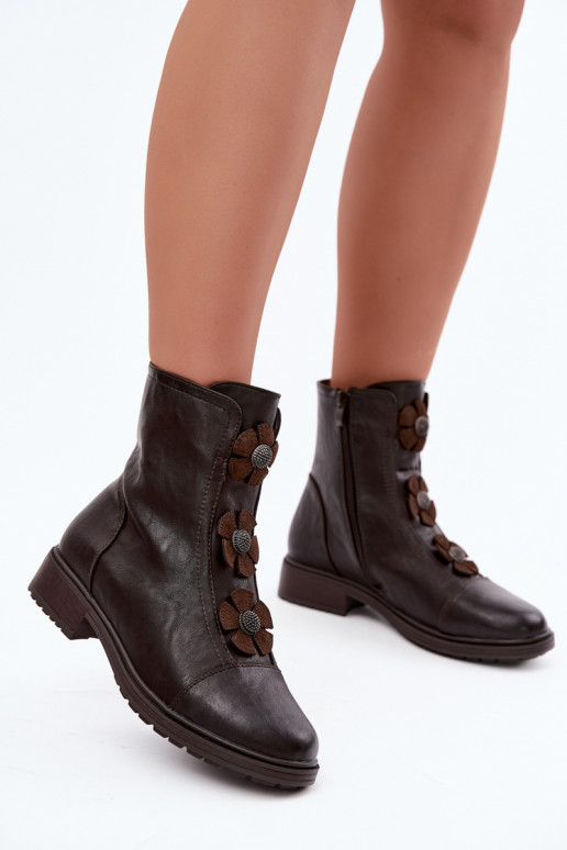 Bottes pour femmes avec des talons largesDekoracyjnymi avec des motifs florauxkami réchauffer CzekoladoÀe Pravienne Activédela