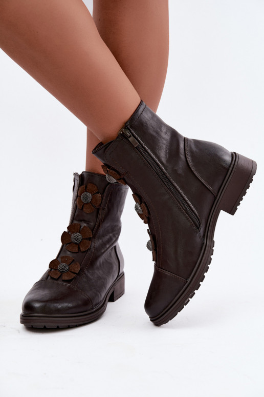 Damenstiefel mit breiten AbsätzenDekoracyjnymi mit floralen Motivenkami sich Zuarm laufen CzekoladoZue Pravienne Ermöglichtdela