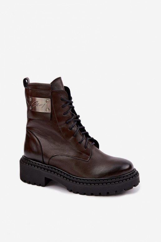 Dames warme enkellaarsjes met decoratieve details Zazoo 60574 in chocolade kleur