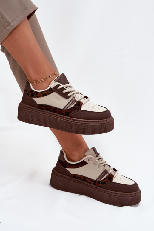 Bruin-beige dames sneakers op een platform met luipaardpatroon Big Star SS274356