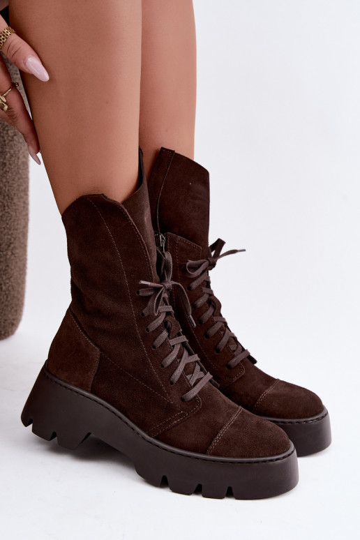 Dunkelbraune Damen Arbeitsstiefeletten aus Kunstveloursleder Zazoo 976