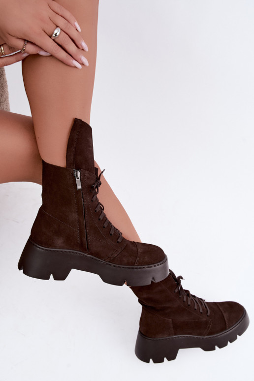 Bottines de travail pour femmes couleur marron foncé en daim synthétique Zazoo 976