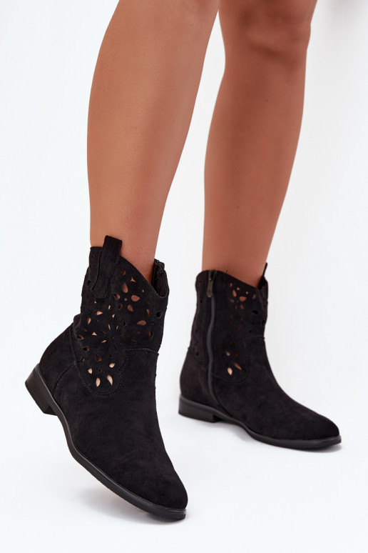 Bottines pour femmes avec éléments ajourés et talons larges en suède synthétique noir Athera