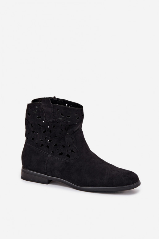 Bottines pour femmes avec éléments ajourés et talons larges en suède synthétique noir Athera