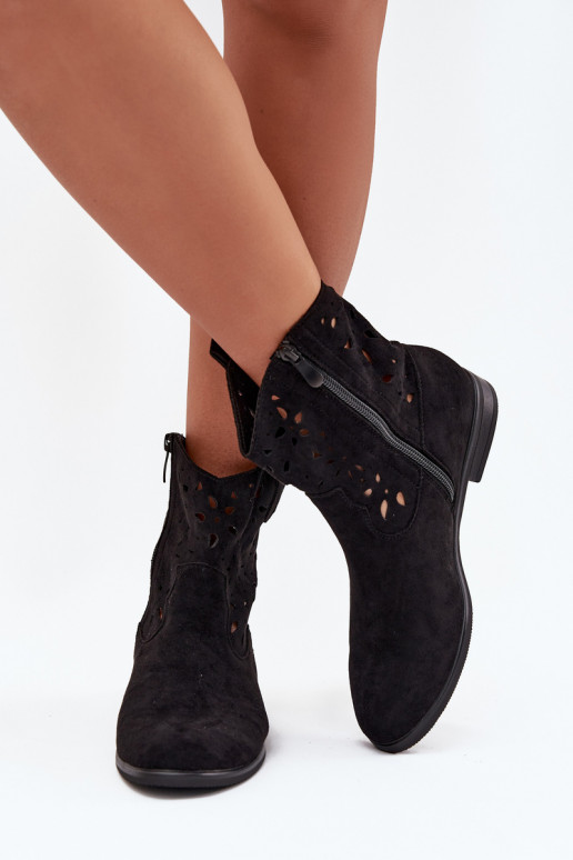 Bottines pour femmes avec éléments ajourés et talons larges en suède synthétique noir Athera