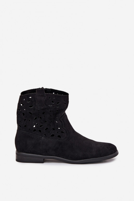 Bottines pour femmes avec éléments ajourés et talons larges en suède synthétique noir Athera