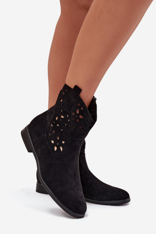 Bottines pour femmes avec éléments ajourés et talons larges en suède synthétique noir Athera
