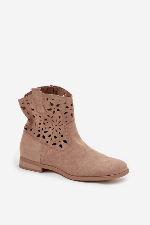 Bottines pour femmes avec éléments ajourés et talons larges en suède synthétique sable Athera