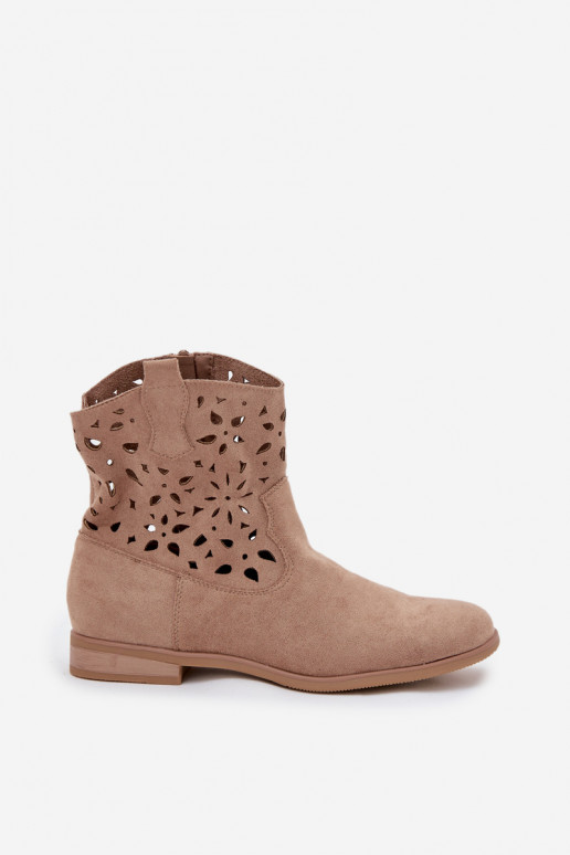 Bottines pour femmes avec éléments ajourés et talons larges en suède synthétique sable Athera