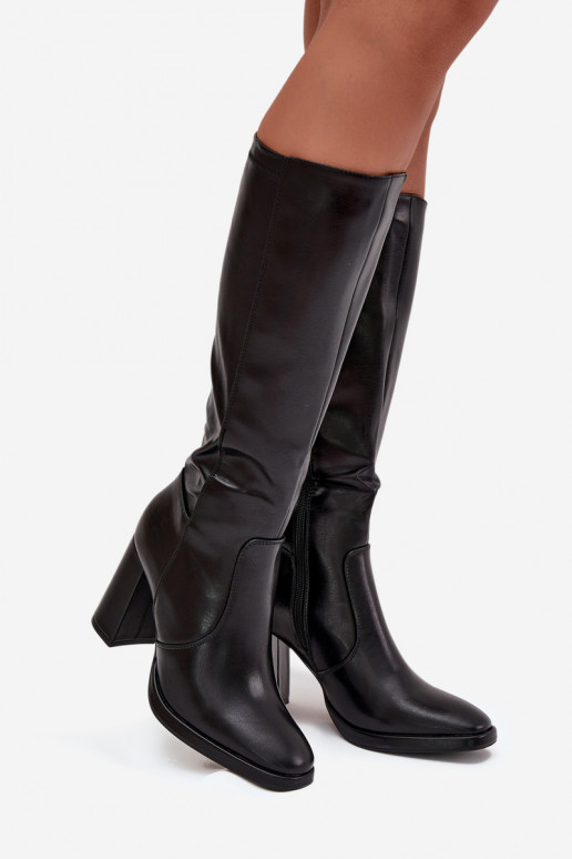 Damen Overknee-Stiefel mit Absatz aus schwarzem Kunstleder Lyvella