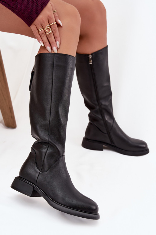 Zwarte laarzen voor dames van faux leer met brede hakken en voering D&A JC62-1036