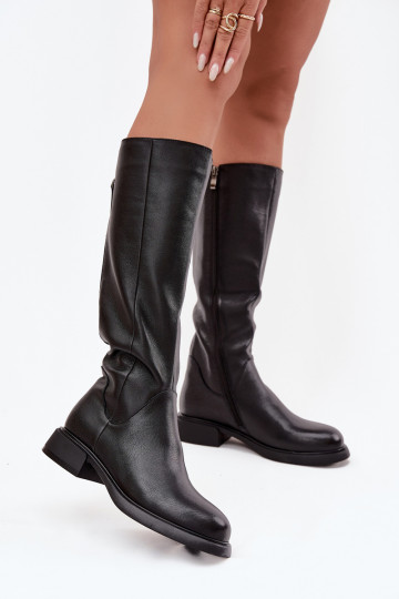 Schwarze kniehohe Stiefel aus Kunstleder für Damen mit breiten Absätzen und Futter D&A JC62-1036 2