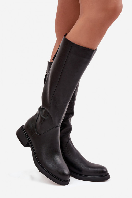 Bottes noires en cuir synthétique pour femmes, hauteur genou, avec talons larges et doublure D&A JC62-1036