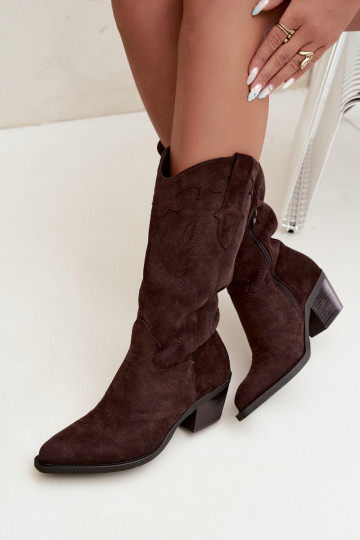 Chocolade faux suede cowboylaarzen met hakken Jarissa