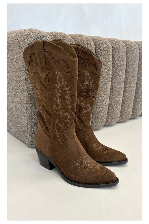 Kniehoge cowboylaarzen met hakken in bruine faux suede Jarissa