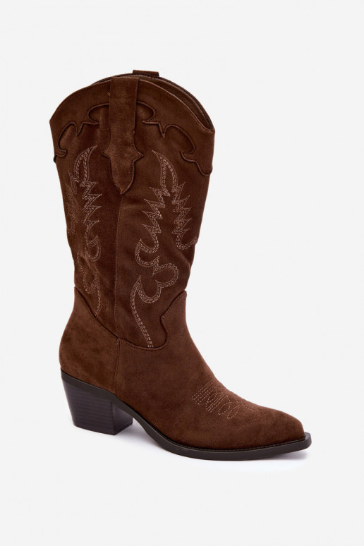 Kniehoge cowboylaarzen met hakken in bruine faux suede Jarissa