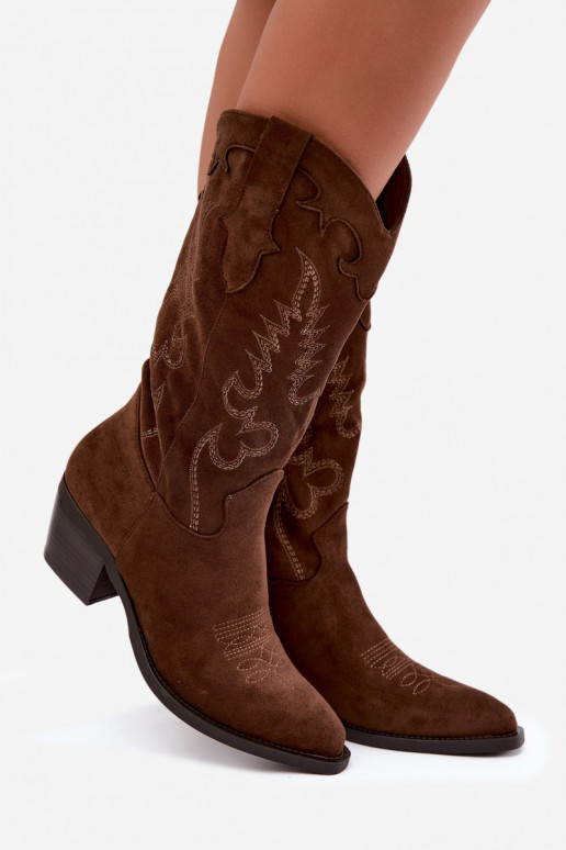 Kniehoge cowboylaarzen met hakken in bruine faux suede Jarissa