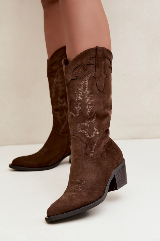 Kniehoge cowboylaarzen met hakken in bruine faux suede Jarissa