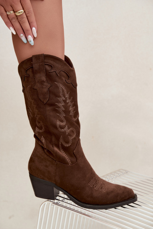 Kniehoge cowboylaarzen met hakken in bruine faux suede Jarissa