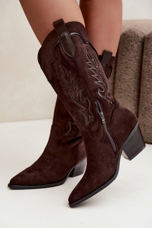 Dames cowboy kniehoge laarzen met hakken in chocoladekleur Betina