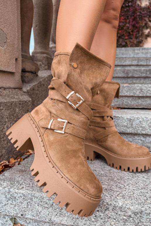 Khaki dames enkellaarsjes op chunky hakken met gespen en riemen Nerelisa