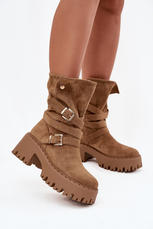 Bottines femme kaki à talons épais avec boucles et sangles Nerelisa