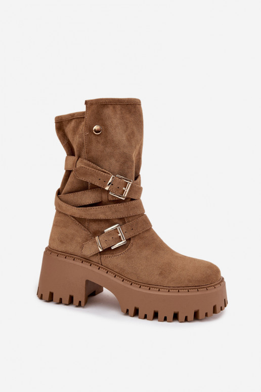 Khaki dames enkellaarsjes op chunky hakken met gespen en riemen Nerelisa