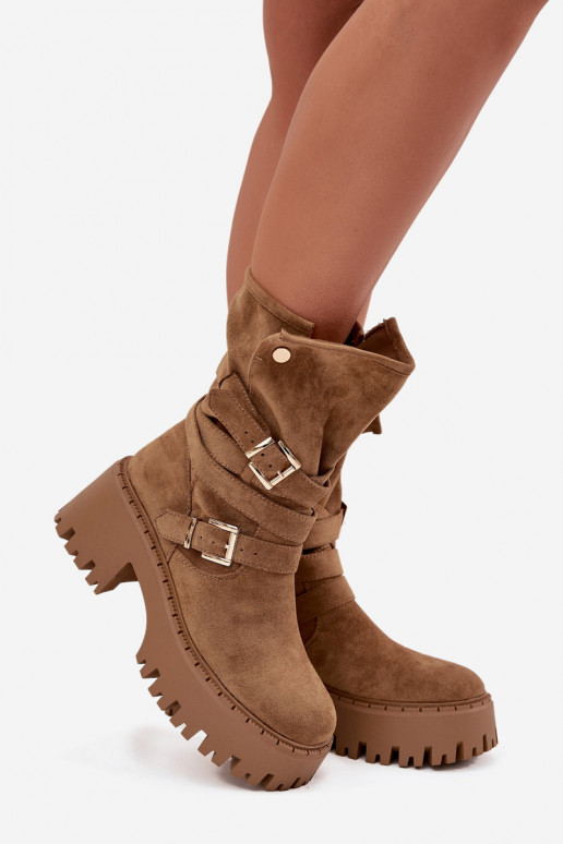 Khaki Damen Stiefeletten auf klobigen Absätzen mit Schnallen und Riemen Nerelisa