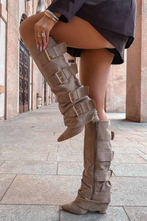 bottes hautes pour femmes avec tige cousue en or avec boucles en simili daim kaki Isa
