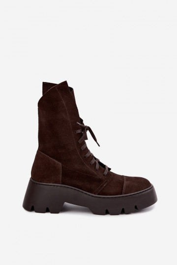 Donkerbruine dames werk enkellaarsjes van faux suede Zazoo 976 2