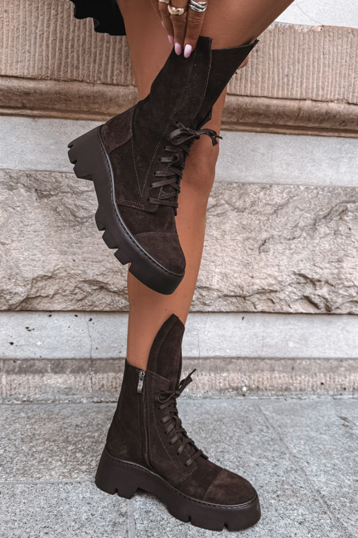 Dunkelbraune Damen Arbeitsstiefeletten aus Kunstveloursleder Zazoo 976