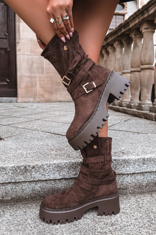 Damenstiefeletten mit dicken Absätzen, Riemen und Schnallen in Schokoladenfarbe, Nerelisa