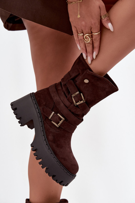 Bottines pour femmes à talons épais avec boucles et lanières, couleur chocolat, Nerelisa