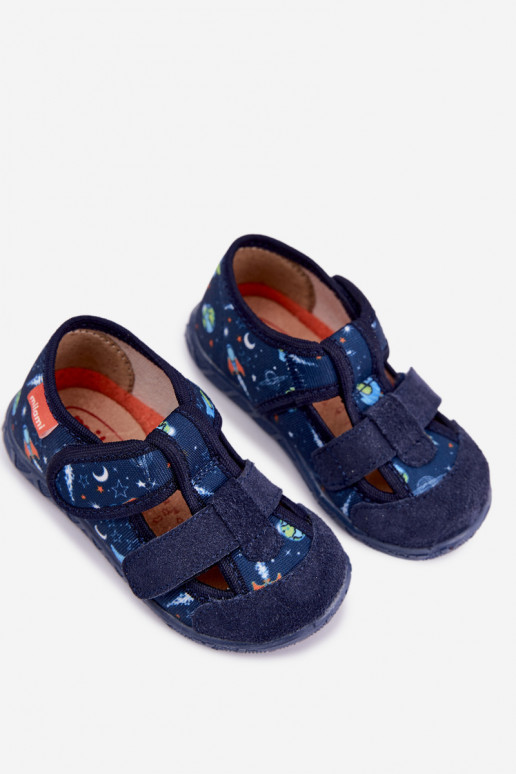 Chaussons pour enfants Milami avec fermetures auto-agrippantes et fusées en bleu marine Reathiana