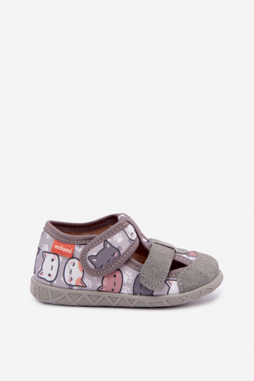 Chaussons pour enfants Milami avec fermetures auto-agrippantes et chats en gris Reathiana