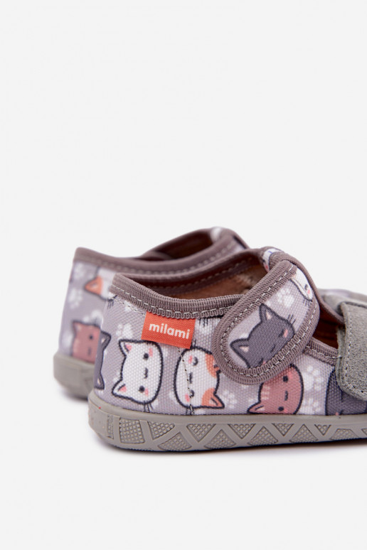 Kinderpantoffels Milami met klittenband en katten in grijs Reathiana