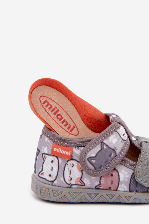 Chaussons pour enfants Milami avec fermetures auto-agrippantes et chats en gris Reathiana