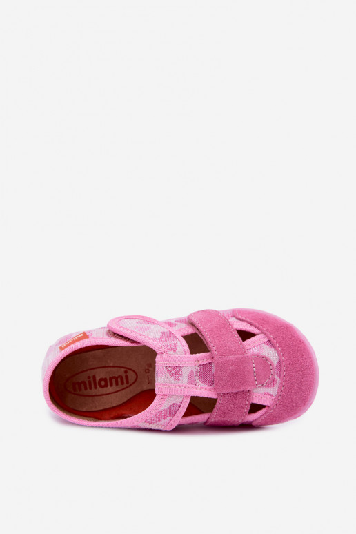Chaussons pour enfants Milami avec fermetures auto-agrippantes et cœurs pailletés en rose Reathiana