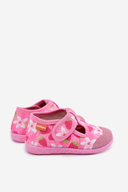 Kinderschuhe Milami mit Klettverschlüssen und Erdbeeren und Blumen in Rosa Jasimrra