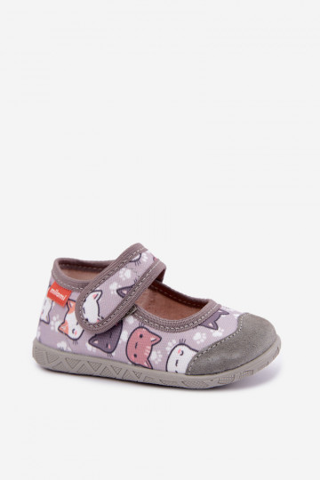 Chaussons pour enfants Milami avec fermetures auto-agrippantes et chats en gris Esnia