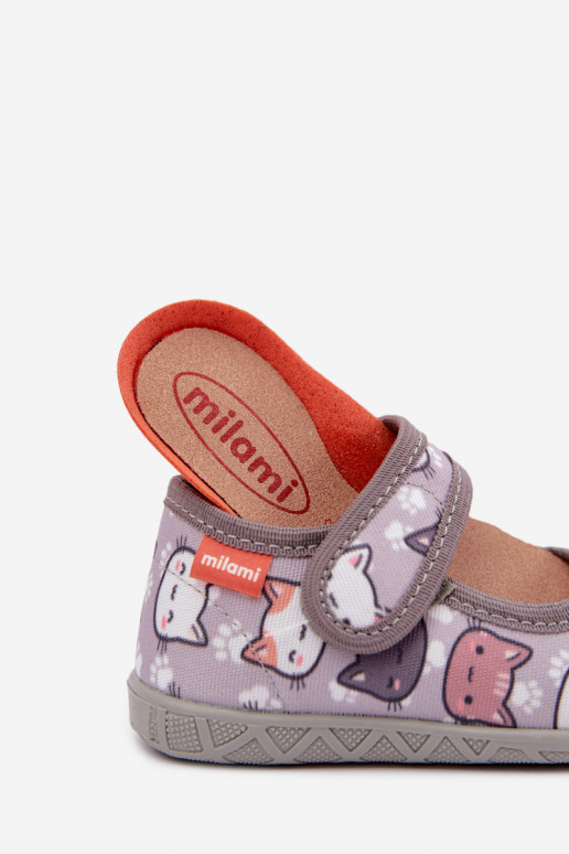 Chaussons pour enfants Milami avec fermetures auto-agrippantes et chats en gris Esnia