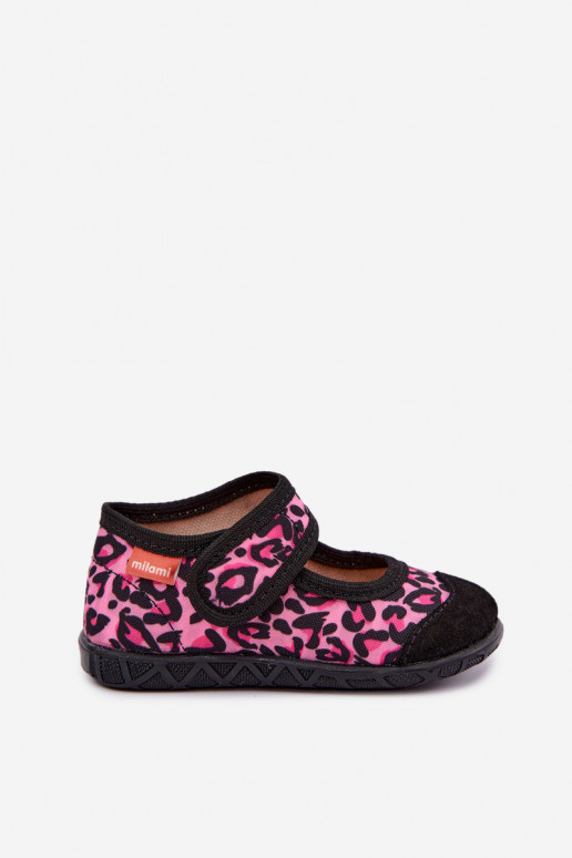 Chaussons pour enfants Milami avec fermetures auto-agrippantes et motifs léopard en rose et noir Esnia